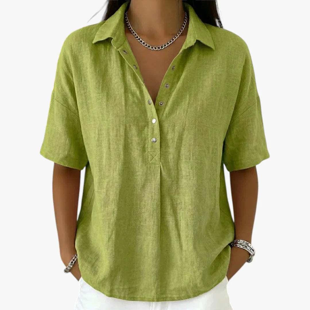 Women's oversized collared shirt blouse with short sleeves and button front