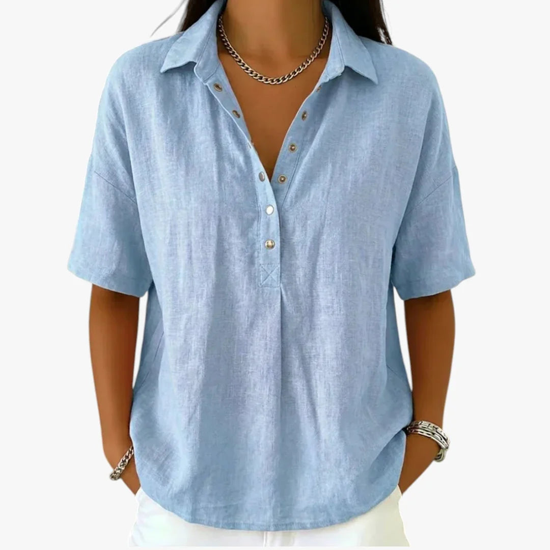 Women's oversized collared shirt blouse with short sleeves and button front