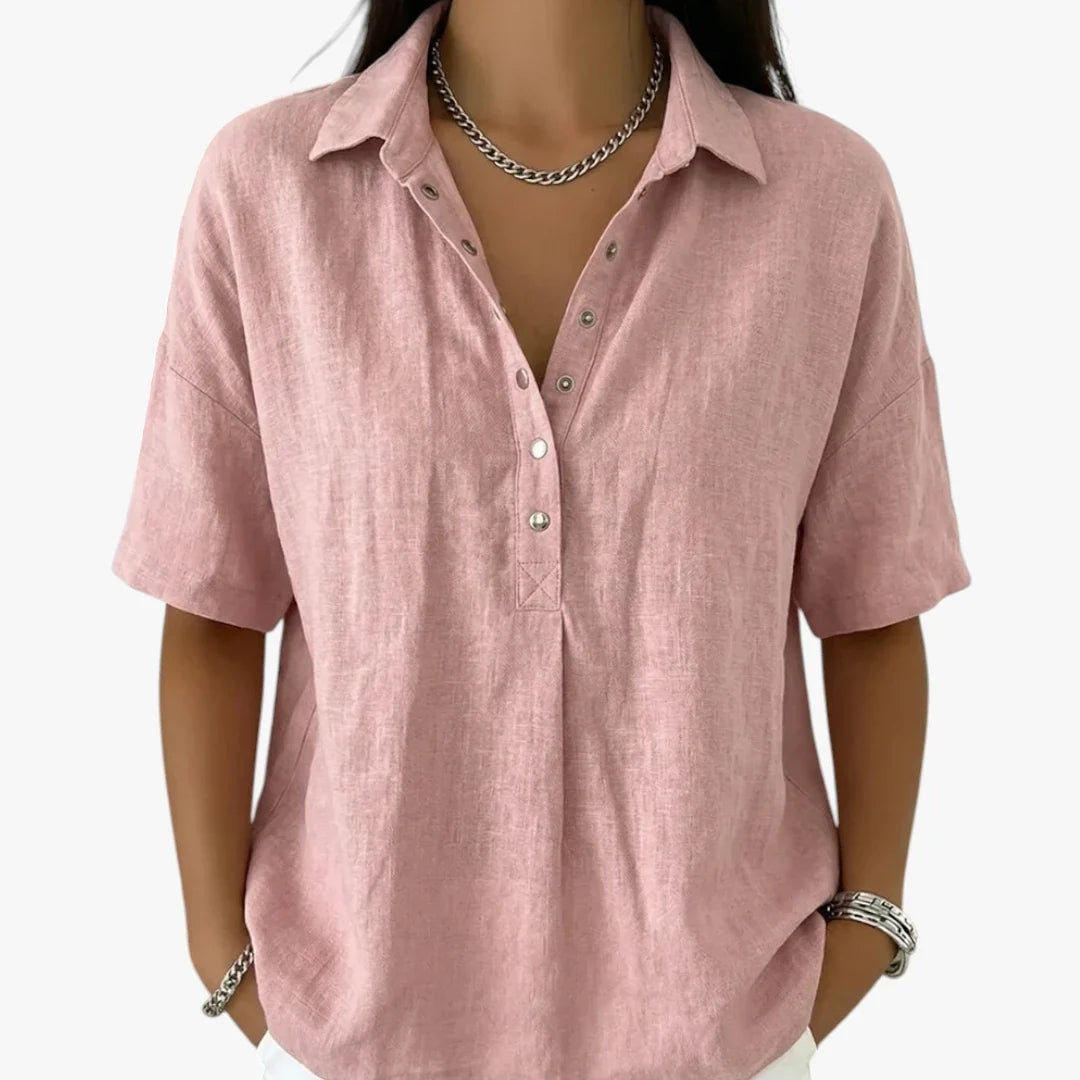 Women's oversized collared shirt blouse with short sleeves and button front
