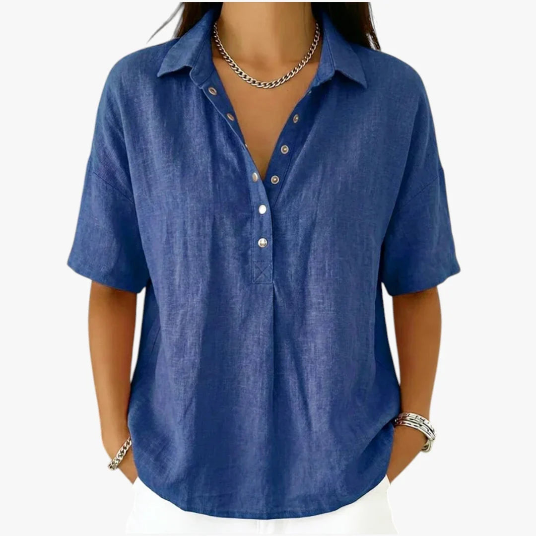 Women's oversized collared shirt blouse with short sleeves and button front