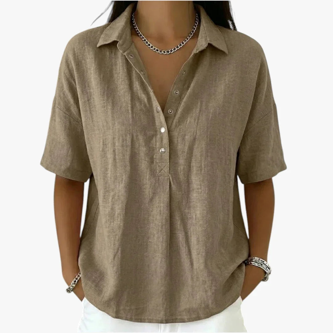 Women's oversized collared shirt blouse with short sleeves and button front