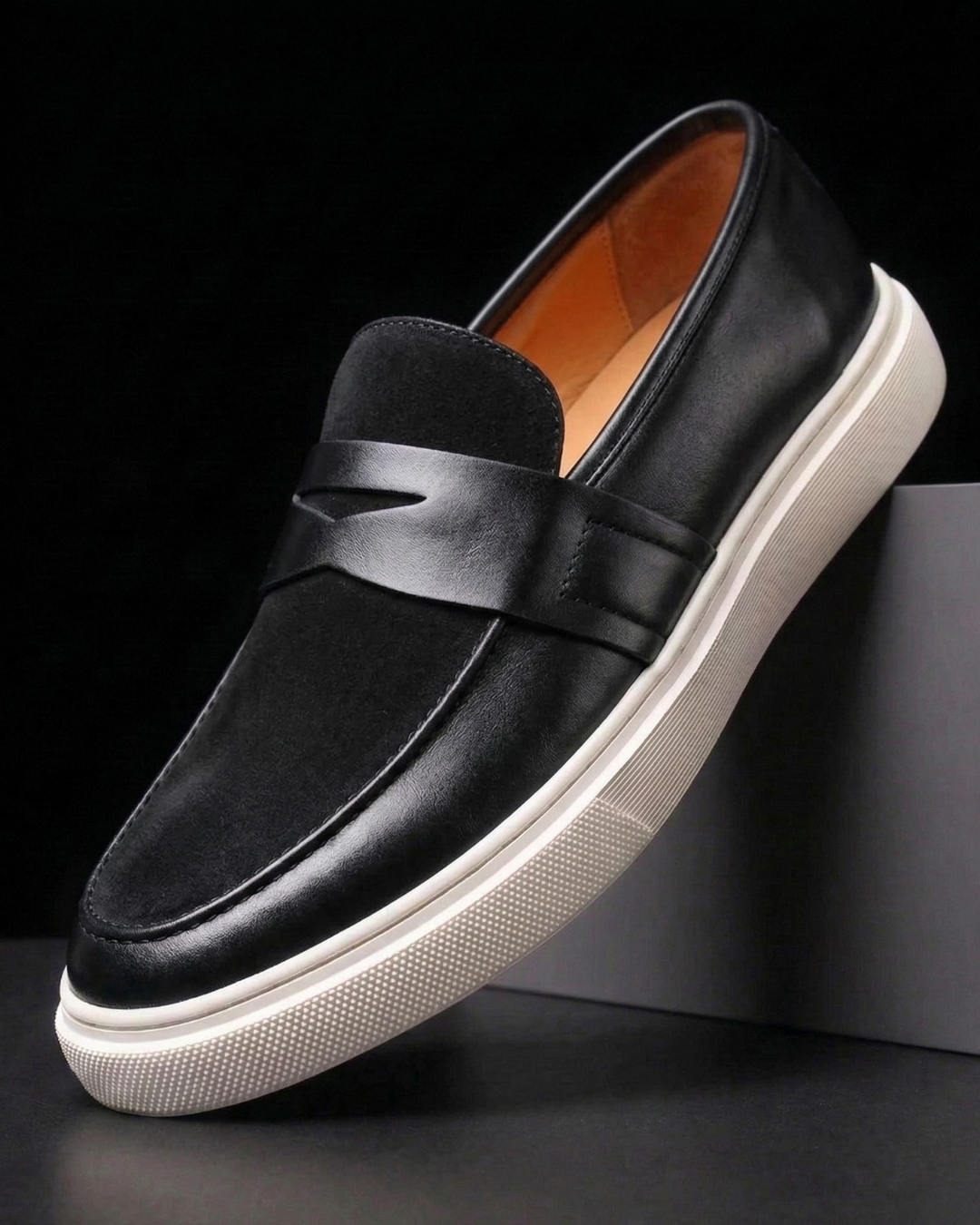 Men's penny strap slip-on loafer with almond toe and textured sole