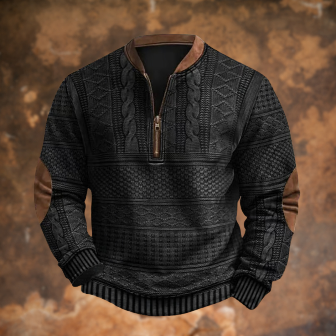 Men's patterned quarter-zip jumper with stand collar and ribbed trims