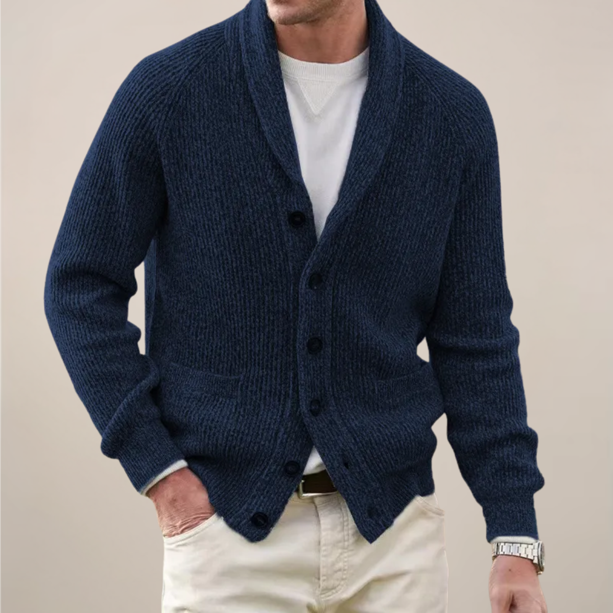 Men's ribbed knit cardigan with shawl collar, button front and patch pockets