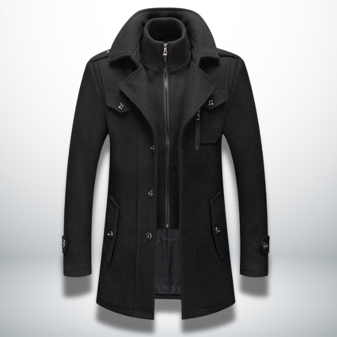 Men's long smart casual coat with high collar, lapels, buttons, zip fastening and multiple pockets