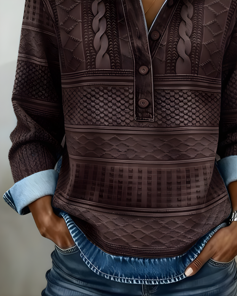 Women's patterned collared sweatshirt with half-button front and long sleeves
