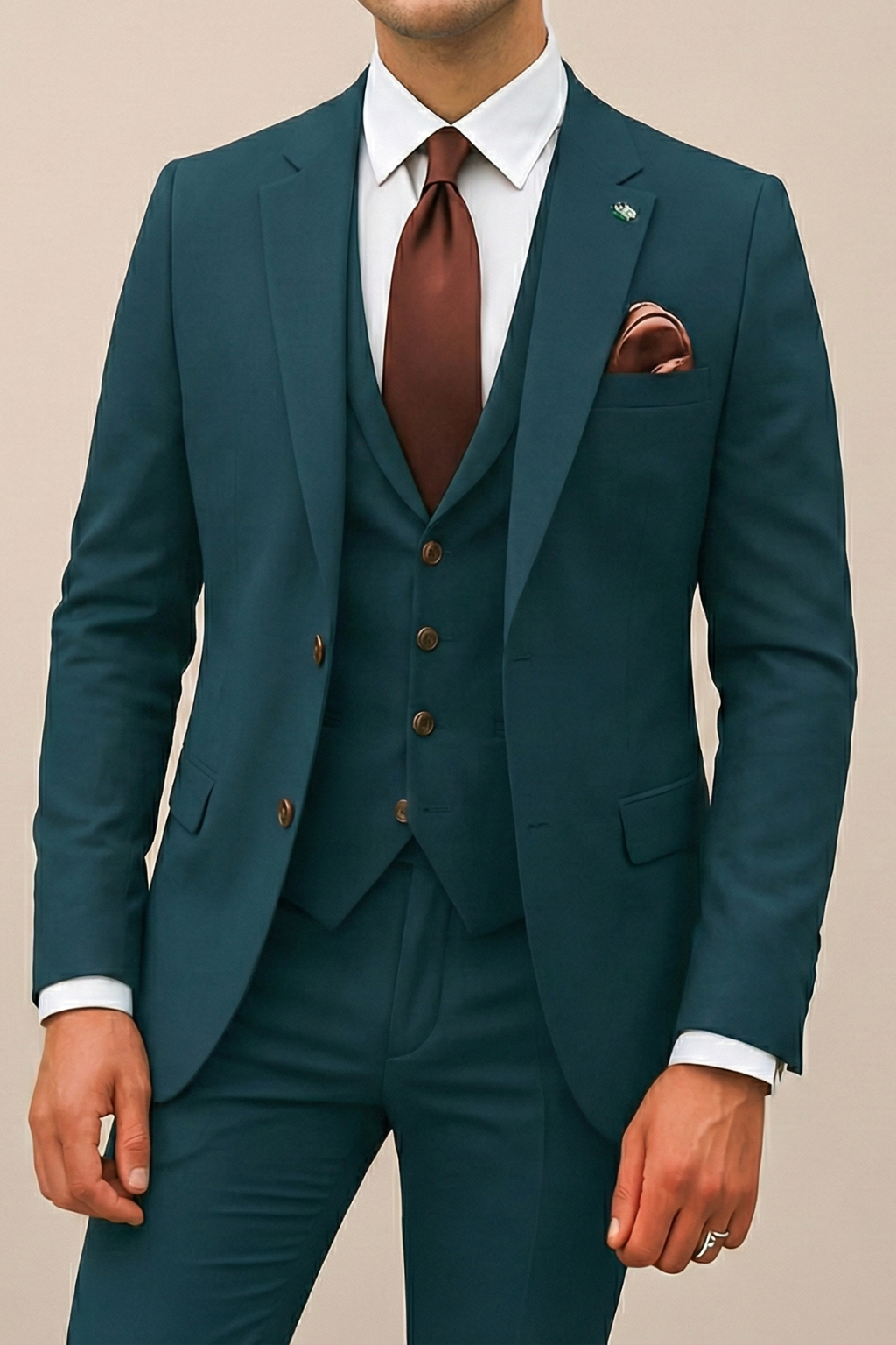 Men's three-piece suit set with tailored jacket, buttoned waistcoat and matching trousers