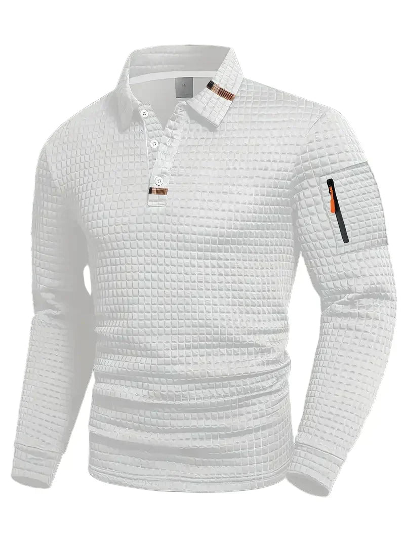 Men's textured long-sleeve polo sweater with button placket and sleeve zip pocket