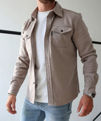 Men's long-sleeved button shirt jacket with two flap chest pockets