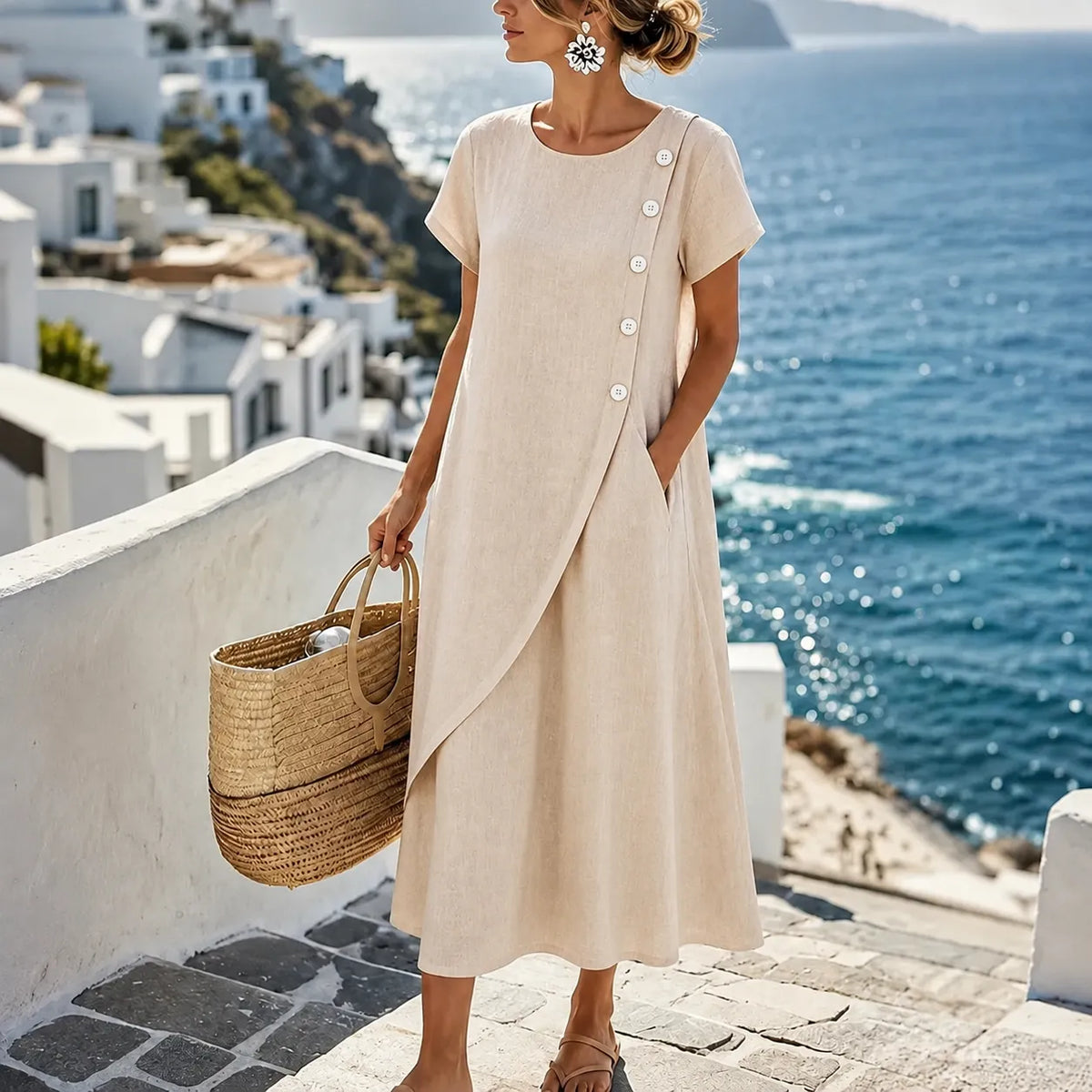 Women's asymmetric button midi dress with short sleeves and side pockets