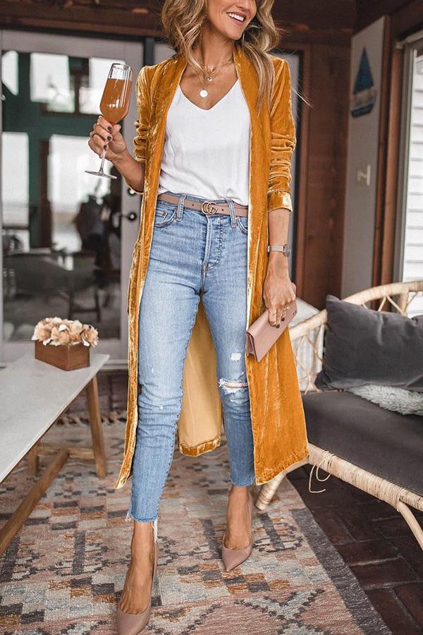 Women's longline velvet kimono coat with open front and long sleeves
