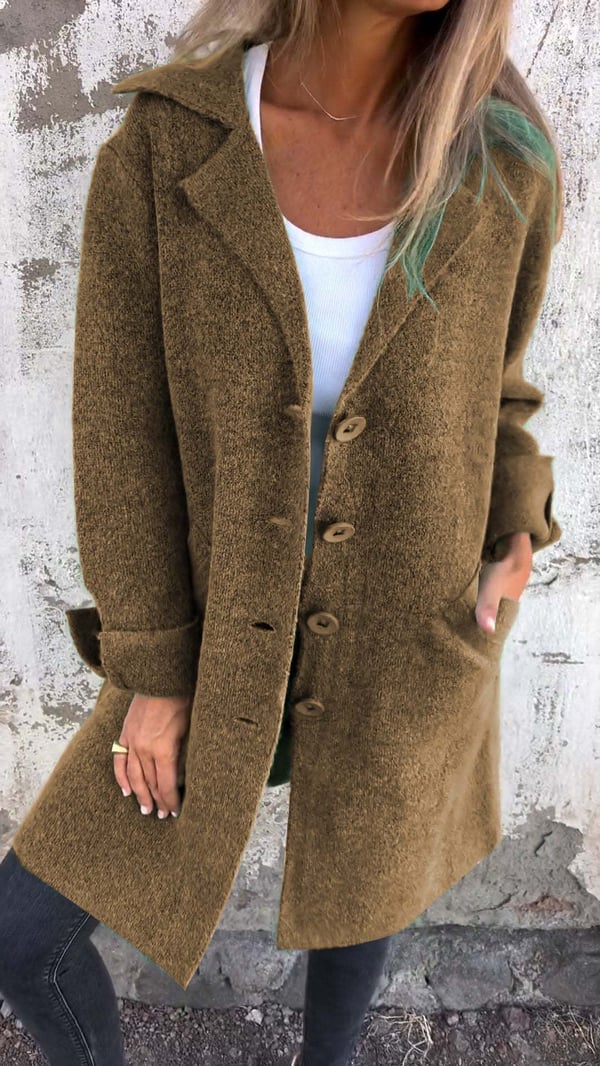 Women's longline button front coat with notched lapels and long sleeves
