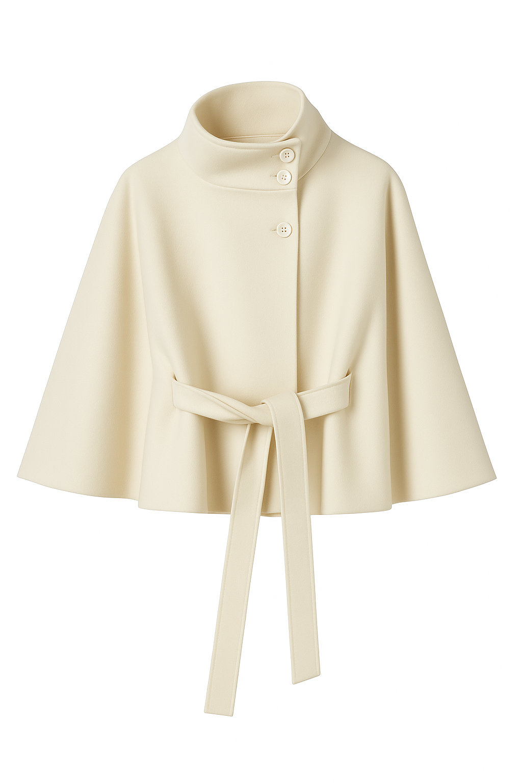 Women's belted cape coat with high collar, buttons and draped sleeves