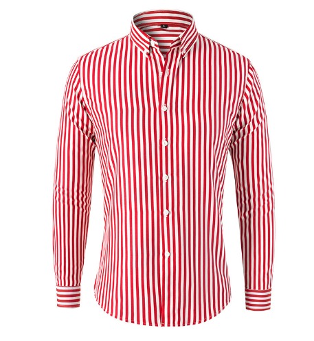 Men's striped shirt with Mandarin collar, button front and rolled sleeves