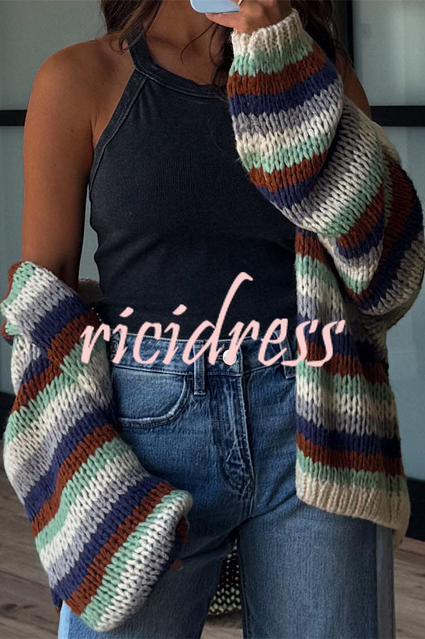 Women's chunky striped cardigan with open front and balloon sleeves