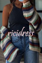 Women's chunky striped cardigan with open front and balloon sleeves