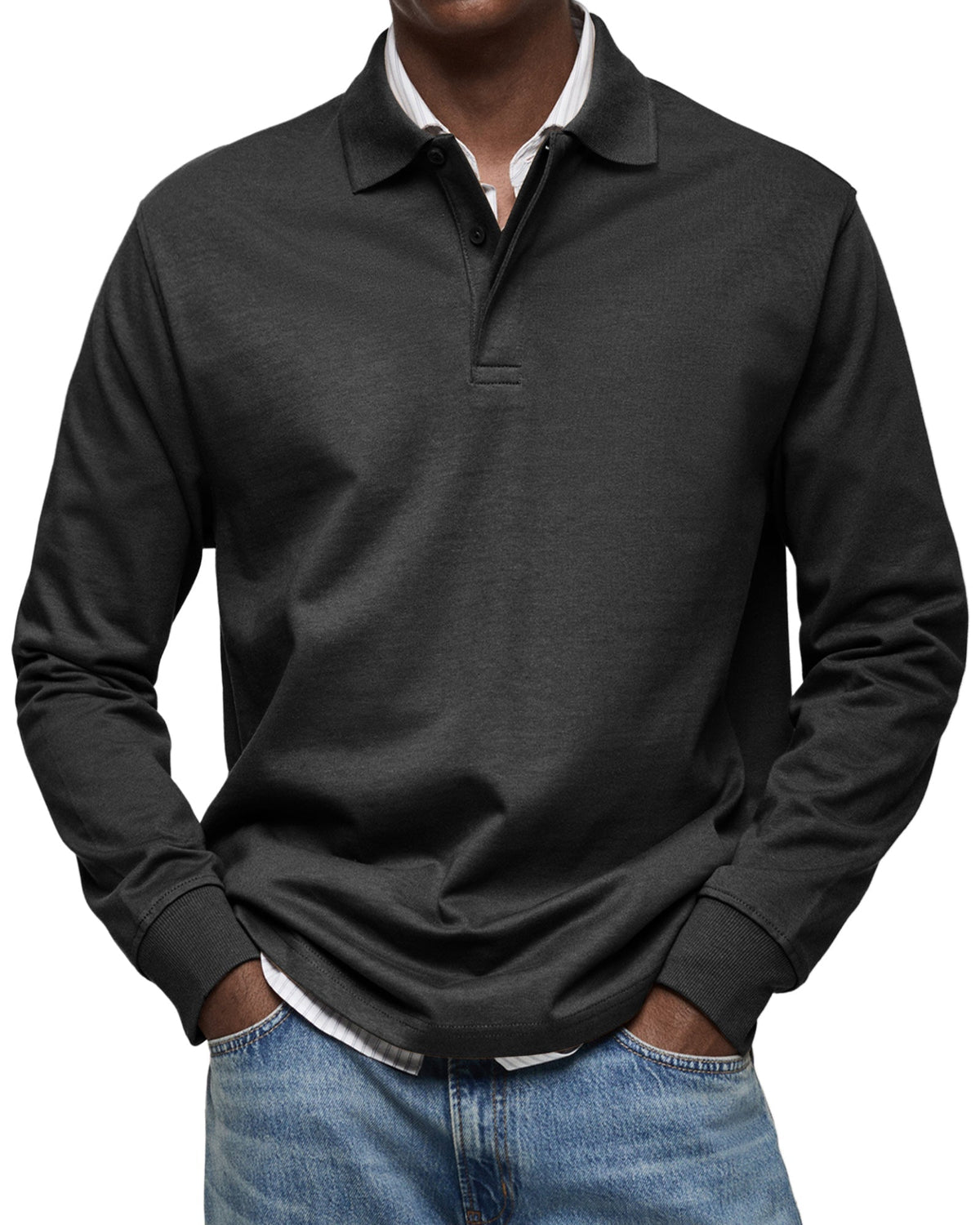 Men's long-sleeve polo jumper with collar, buttons and ribbed cuffs