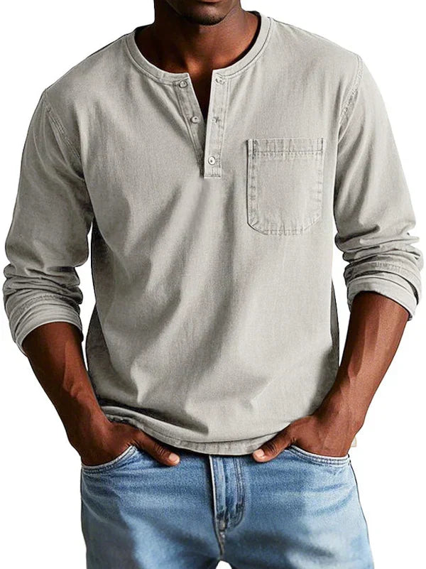 Men's long-sleeve Henley shirt with button placket and chest pocket