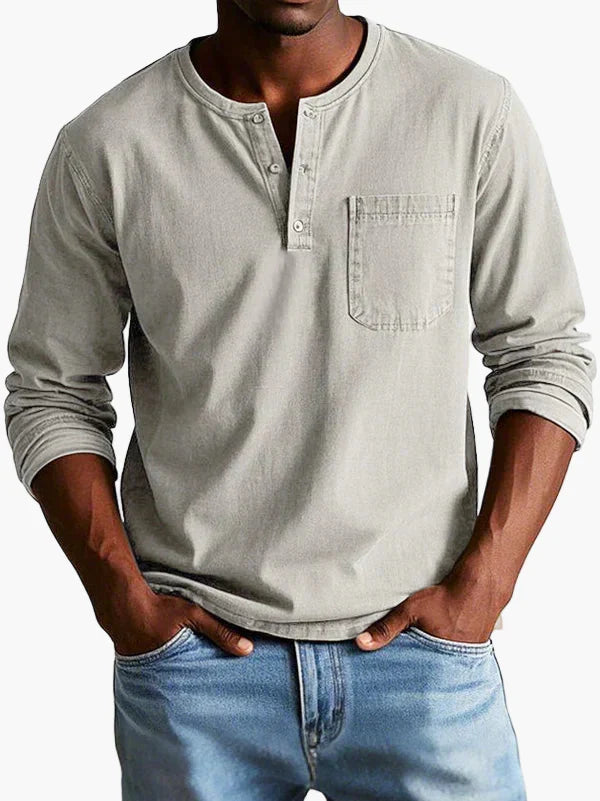 Men's long sleeve Henley shirt with round neck, button placket and chest pocket