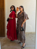 Women's red V-neck midi dress with short flutter sleeves and layered ruffles