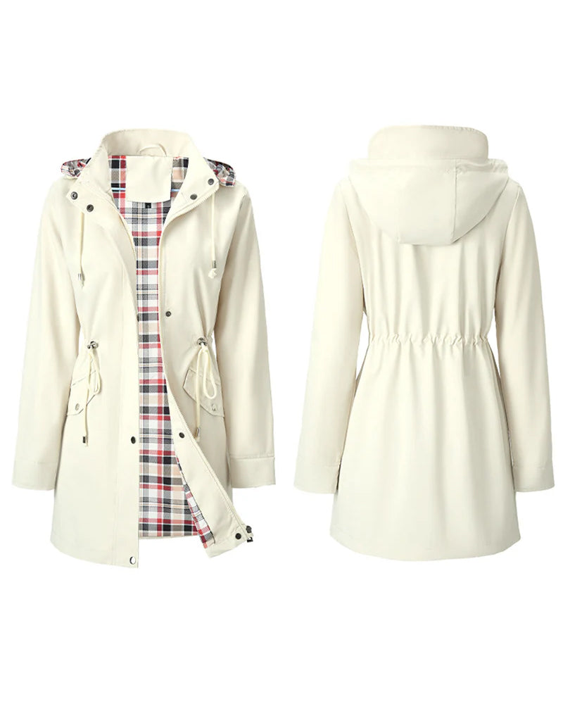 Women's long hooded trench coat with contrasting checked plaid lining