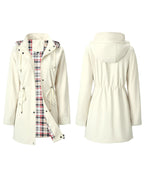 Women's long hooded trench coat with contrasting checked plaid lining