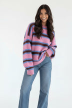 Women's pink striped knit jumper with crew neck and long sleeves