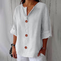 Women's plain V-neck shirt with front buttons and three-quarter sleeves