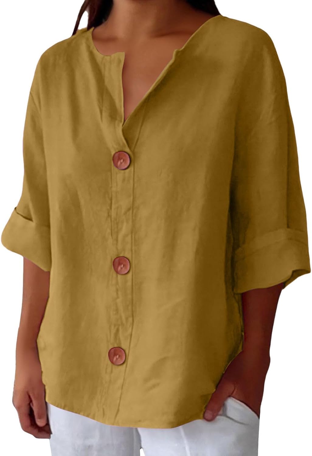 Women's plain V-neck shirt with front buttons and three-quarter sleeves