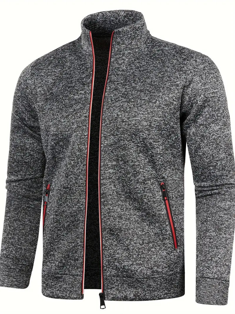 Men's full-zip cardigan with stand collar, long sleeves and zipped side pockets