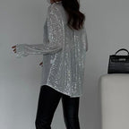 Women's long-sleeved sequin blouse with pointed collar and button front