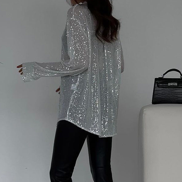 Women's long-sleeved sequin blouse with pointed collar and button front