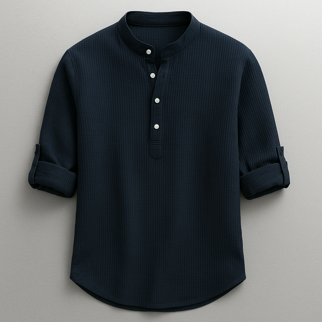 Men's textured Henley shirt with Mandarin collar, button placket and roll-tab sleeves