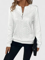 Women's textured cable knit quarter-zip sweater with long sleeves and ribbed trims