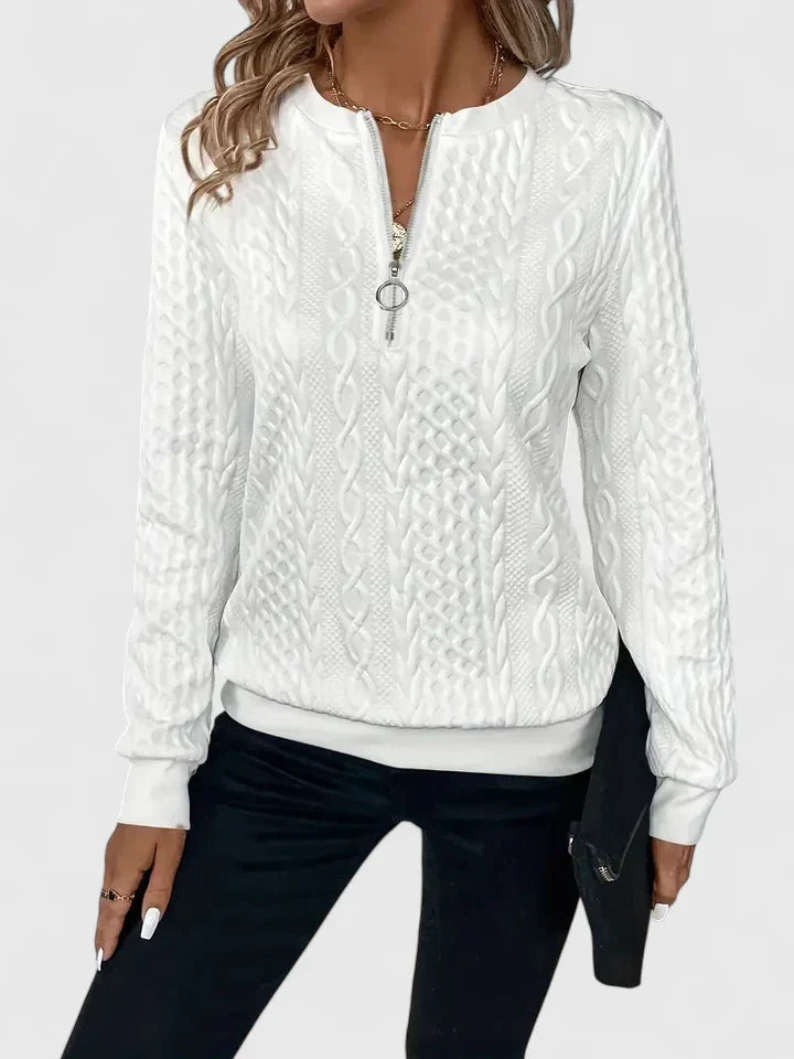 Women's textured cable knit quarter-zip sweater with long sleeves and ribbed trims