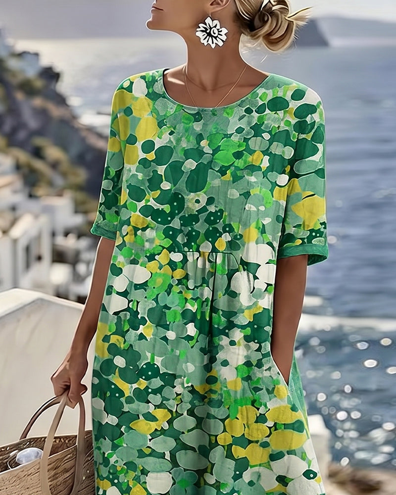 Women's abstract floral midi dress with round neck and short sleeves