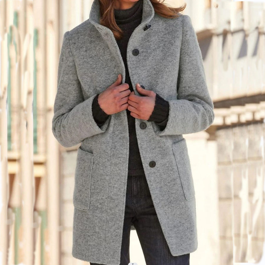 Women's button-front coat with stand collar, long sleeves and patch pockets