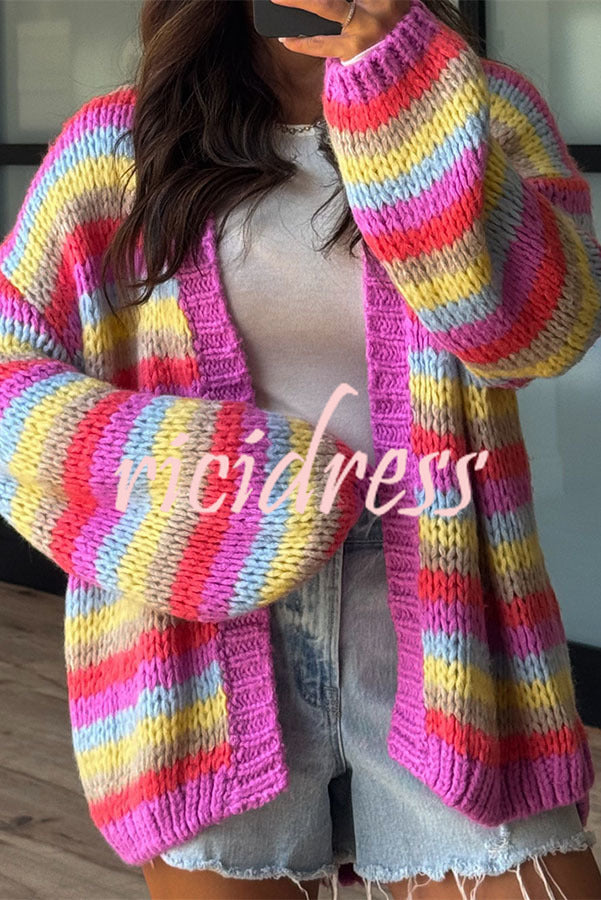 Women's chunky striped cardigan with open front and balloon sleeves