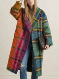 Women's multicoloured checked longline coat with lapel collar and three-quarter sleeves