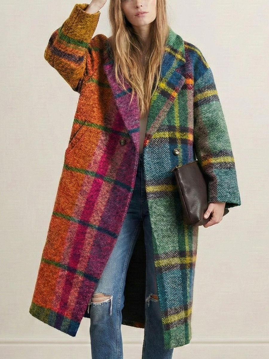 Women's multicoloured checked longline coat with lapel collar and three-quarter sleeves