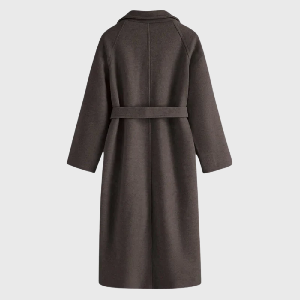 Women's long wrap coat with wide lapels and tie belt