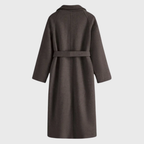 Women's long wrap coat with wide lapels and tie belt