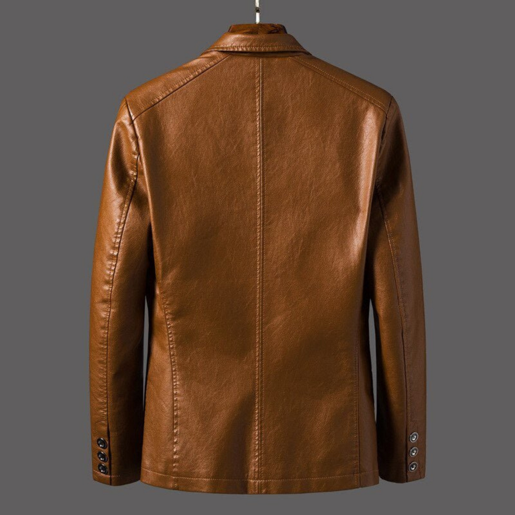 Men's button-front blazer jacket with notched lapels and multiple pockets