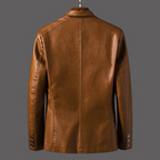 Men's button-front blazer jacket with notched lapels and multiple pockets
