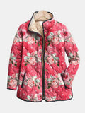 Women's pink floral quilted jacket with stand collar and zipped pockets
