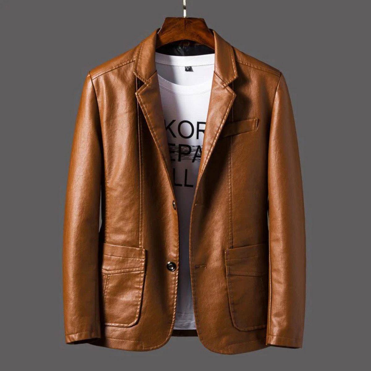 Men's button-front blazer jacket with notched lapels and multiple pockets