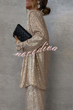 Women's open-front sequin jacket with long sleeves and draped fit