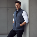 Men's knitted sleeveless vest with stand collar and zip fastening