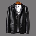 Men's button-front blazer jacket with notched lapels and multiple pockets