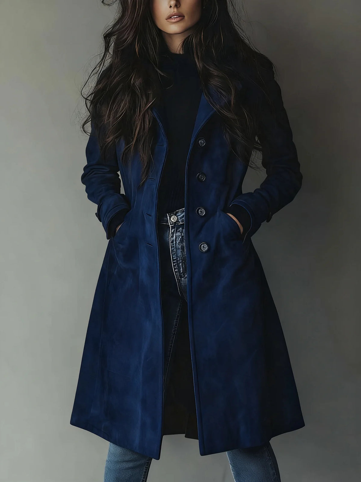 Women's long button-front coat with lapel collar and side pockets